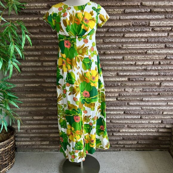 Alice Polynesian Fashions 60s Green Floral Tiki Barkcloth Maxi Dress Size Small - Picture 2 of 10